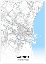 Valencia plattegrond - A2 poster - Zwart blauwe stijl