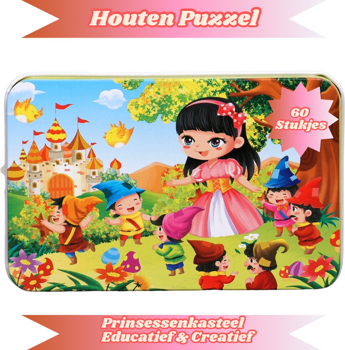 Leerkracht Houten Puzzel - Tweezijdig - Metalen Opbergdoos - Prinsessenkasteel - 60 Stukjes - Educatief - Speelgoed