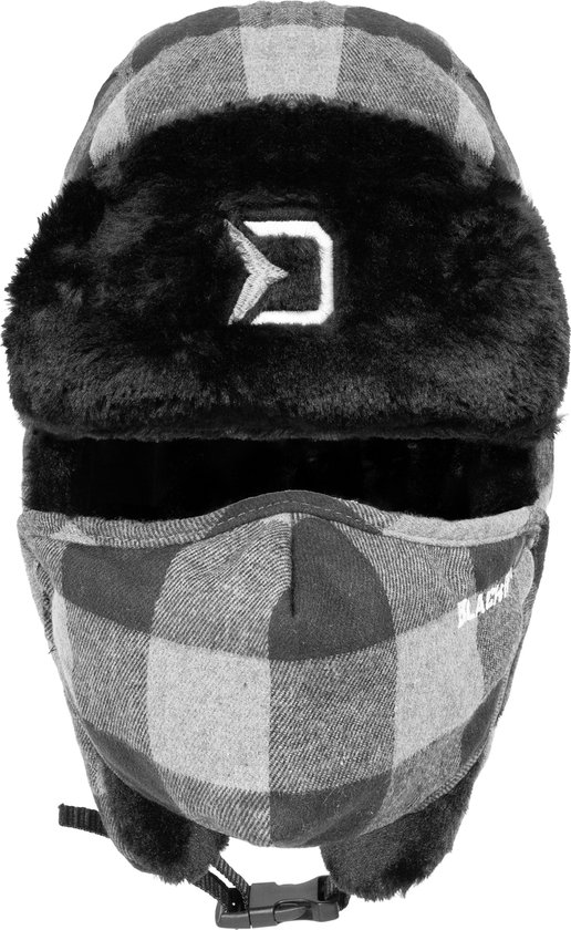 Grijze en zwarte geruite muts met faux fur kraag, mondkapje en logo.
