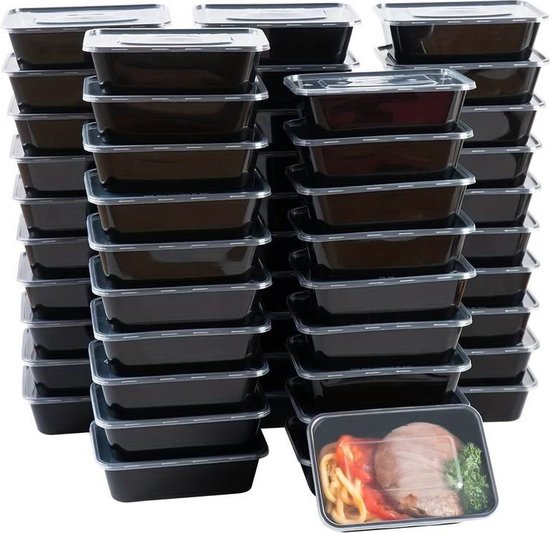 Magnetron bakjes met deksel - 100 stuks Mealprep / Maaltijd bakjes - 750ML - Vershoudbakjes - Plastic bakjes - Diepvriesbakjes - Vaatwasbestendig - Zwart - Recyclebaar - Magnetronbakje - Microgolf - Food container with lid