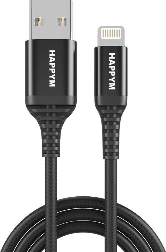 Zwarte Happym oplaadkabel met Lightning naar USB aansluitingen.