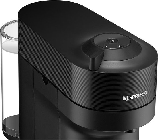 Zwarte De'Longhi Nespresso Vertuo Pop koffiecupmachine met een transparante watertank.