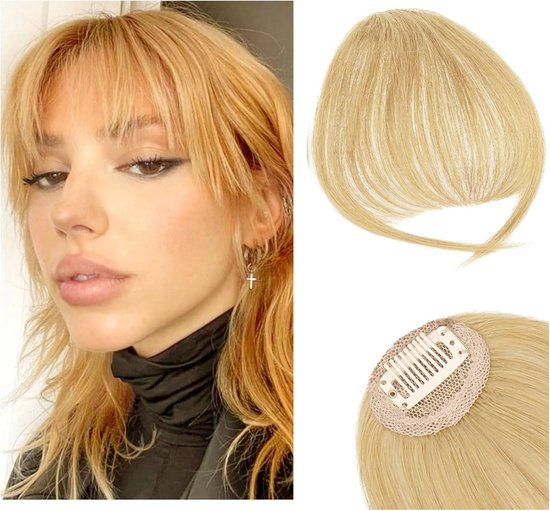 Haarteile Pony Haarstukje Clip In Extensies Goud 100% Mensenhaar - 14 Cm . — afbeelding 4