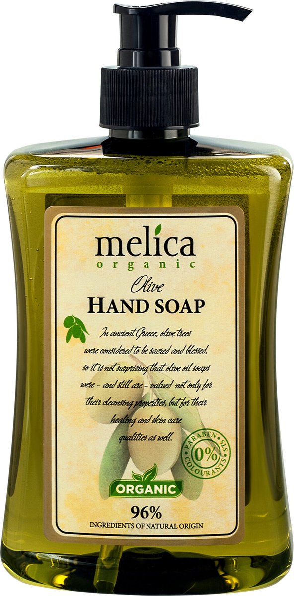 MELICA ORGANIC Biologische DELICATE VOEDENDE HYDRATERENDE Milde 96% Natuurlijke OLIJVEN EXTRACT Vloeibare ZEEP/Handzeep voor ELK en Gevoelige Huid zonder Parabenen, SLS met pomp 500ml