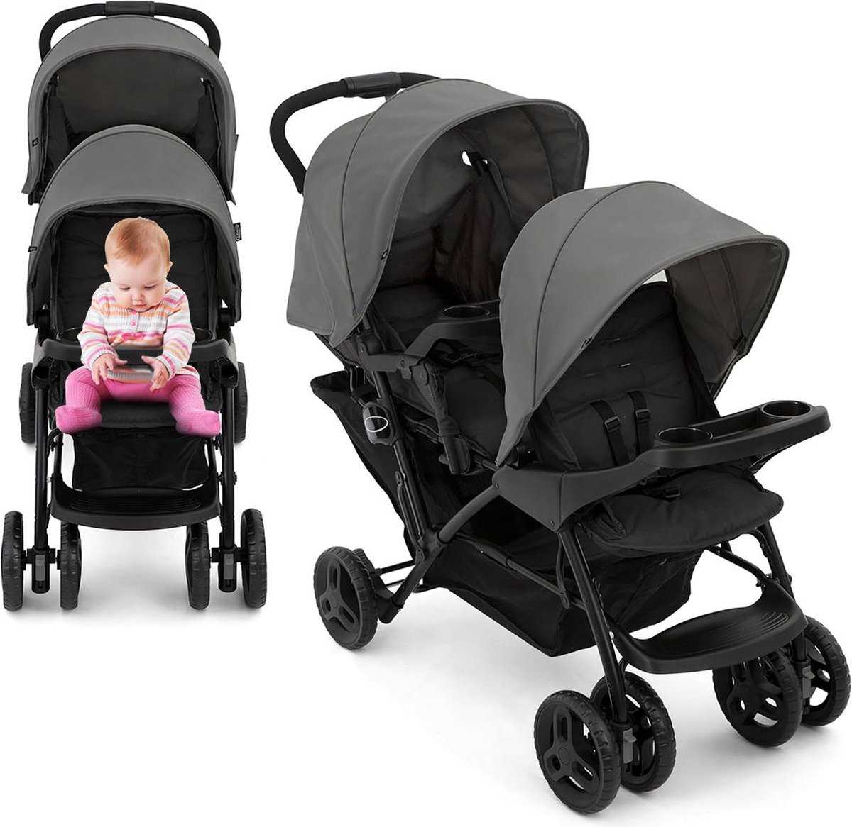 ApexArte® Duo Kinderwagen - Buggy - Tweeling - Wandelwagen - Zwart