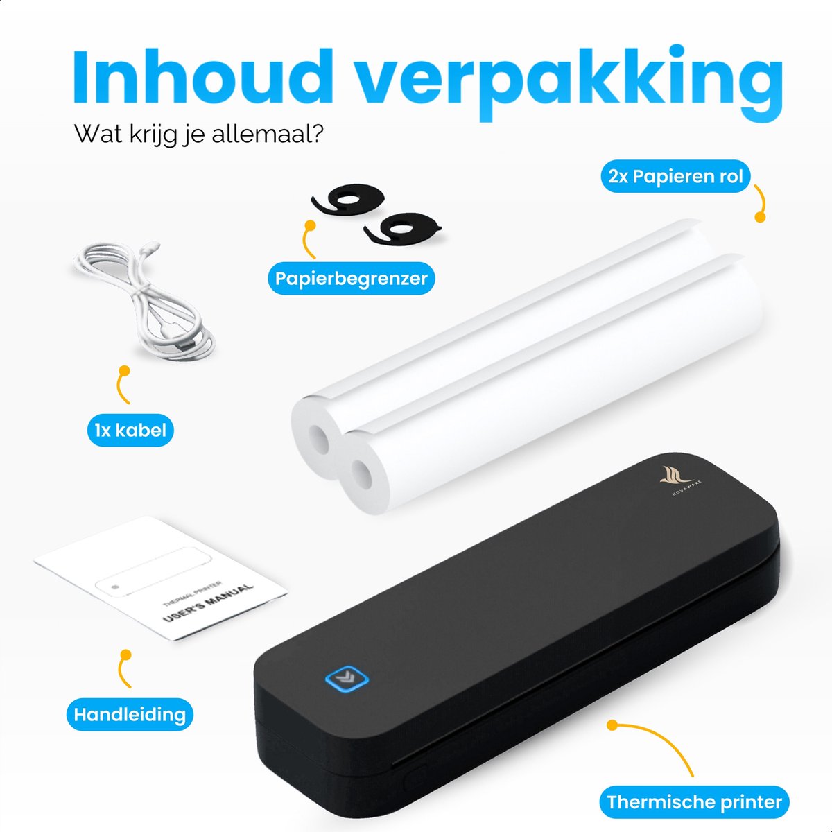 NovaWare® Thermische Printer A4 - Sticker Printer - Pocket Printer - Mini Printer voor Mobiel / Laptop / tablet - Verzendlabel - Barcode - Tattoo - Portable Printer - Shipping Label - Zwart — afbeelding 5