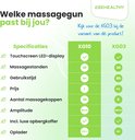 Vergelijkingstabel tussen de 2BEHEALTHY massageguns XG10 en XG03 met specificaties zoals touchscreen, massagestanden, gebruiksduur en prijs.