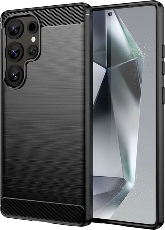 Coque de téléphone noire avec texture métal brossé et bords aspect carbone, à côté d'un téléphone.