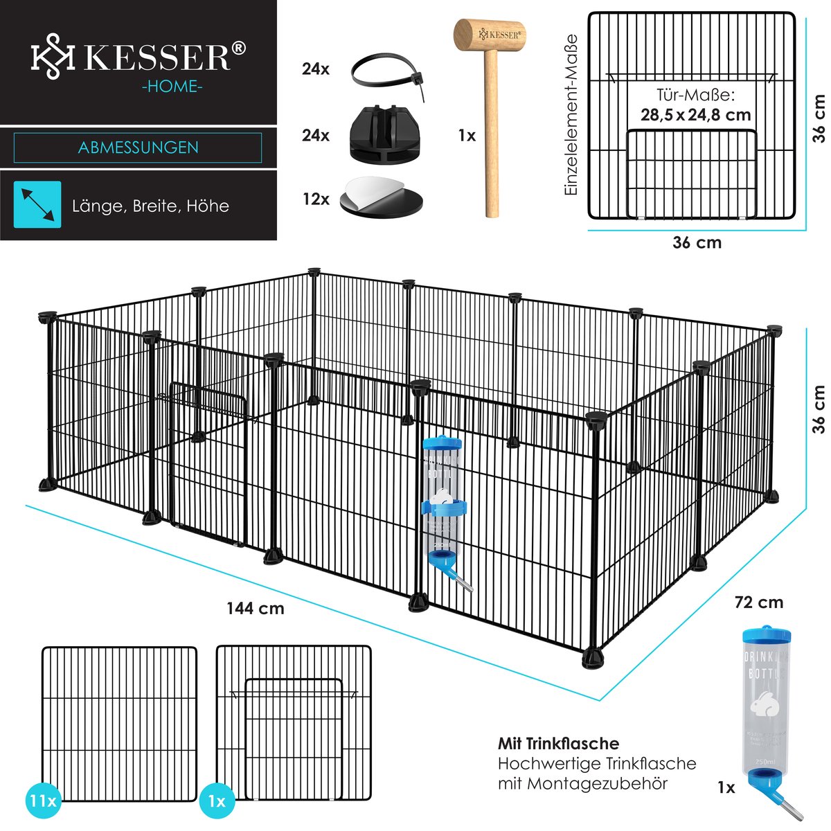 KESSER® Konijnenren - Konijnenhok - 36x144x72 cm - Binnen & Buiten - Zwart thumbnail 4