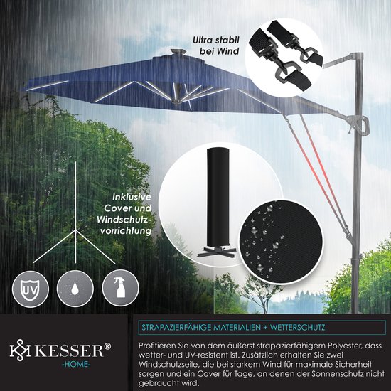Donkerblauwe zweefparasol in de regen, met informatie over windstabiliteit, beschermhoes en UV-bestendigheid.