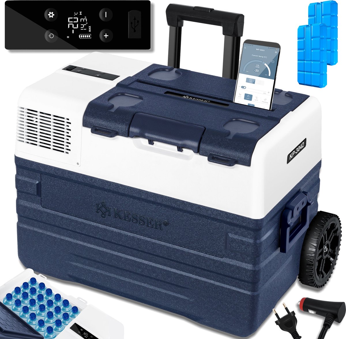 KESSER® Compressor Koelbox Elektrische Frigobox, met APP-bediening USB-aansluiting 12/24 V 230V, +Telescopische stangwielen tot -20 °C - 42L, 52L, Koelbox voor auto, vrachtwagen, boot, camper, camping - 42 Liter, Marineblauw