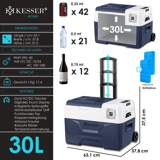 KESSER® Compressor Koelbox Elektrische Vriezer, met APP-bediening USB-aansluiting 12/24 V 230V, +Telescopische stangwielen Collbox tot -20 °C voor auto, vrachtwagen, boot, camper, camping - 30 Liter, Marineblauw van KESSER — afbeelding 5