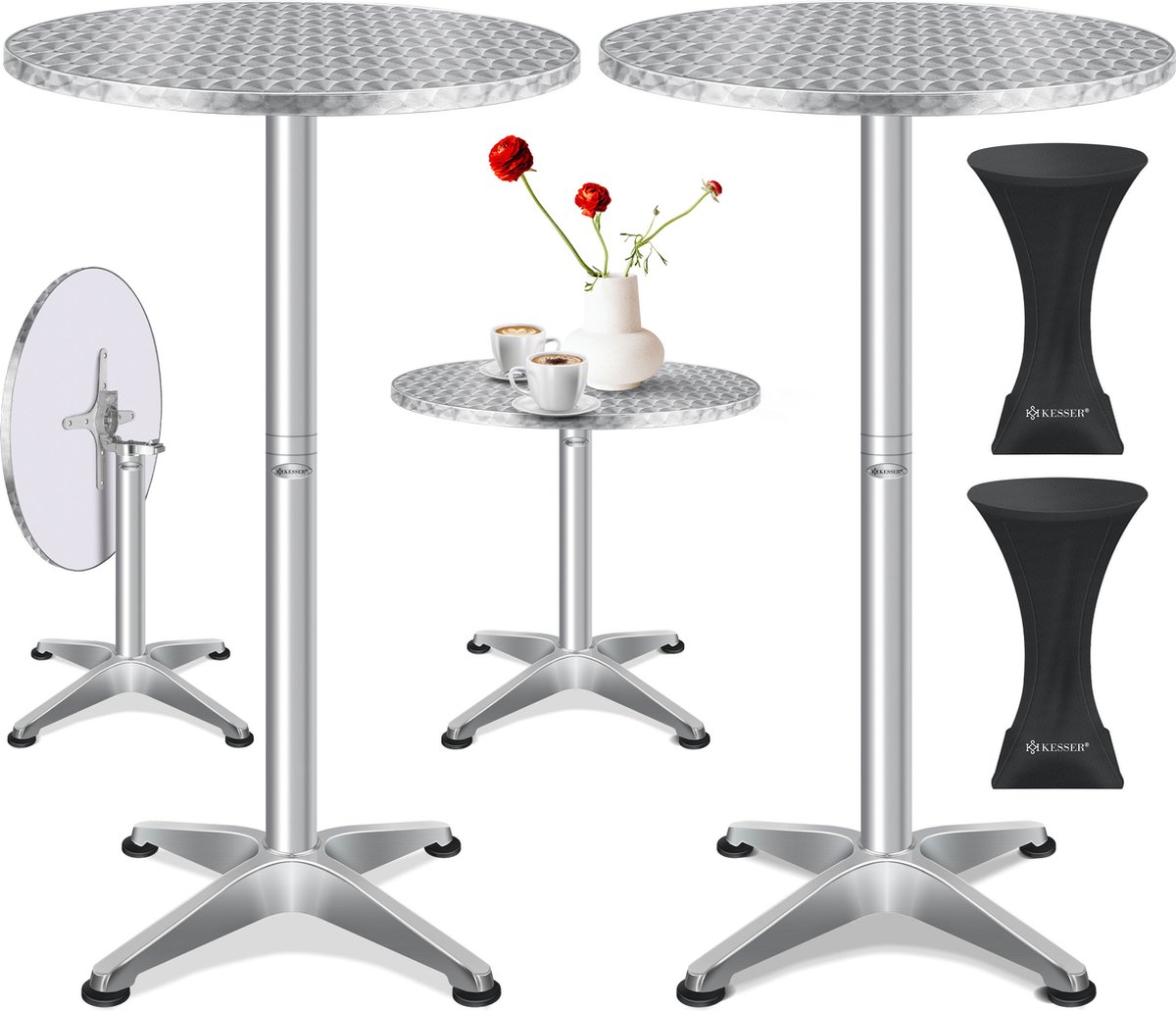 KESSER® 2x Bartafel Inklapbar | Vouwtafel Rond Ø 80cm | Statafel aluminium roestvrij stalen blad | in hoogte verstelbaar | voor binnen en Buiten Inclusief bescherminghoes - Zilver