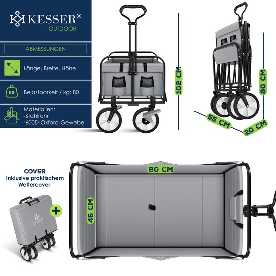 KESSER® Bolderkar opvouwbare Bolderwagen - incl. 2 netzakken Strandkar - PVC banden - tot 80 kg draagvermogen tuinaanhanger zonder dak - Grijs van KESSER — afbeelding 2
