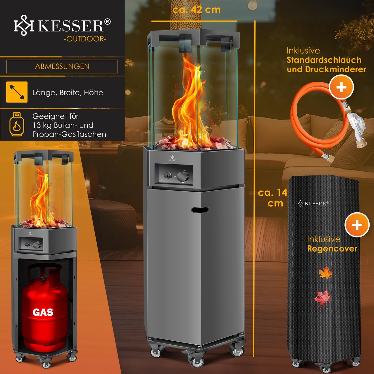 KESSER Terrasverwarmer Gas Staand - Paddenstoel Terrasheater RVS met Wielen en Beschermhoes, Buitenverwarming voor Terras en Tuin - Donkergrijs – foto 6