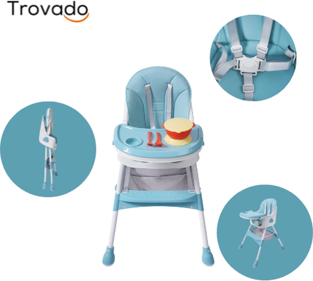 Trovado Kinderstoel - Baby stoel - Baby Eetstoel - Kinderzetel - kinderstoel inklapbaar - Eetstoel - Beer - Blauw - Comfortabel - Met gordels - Hoogte Verstelbaar - 60x60x85 CM - Draagvermogen tot 15 KG - T/M 3 Jaar