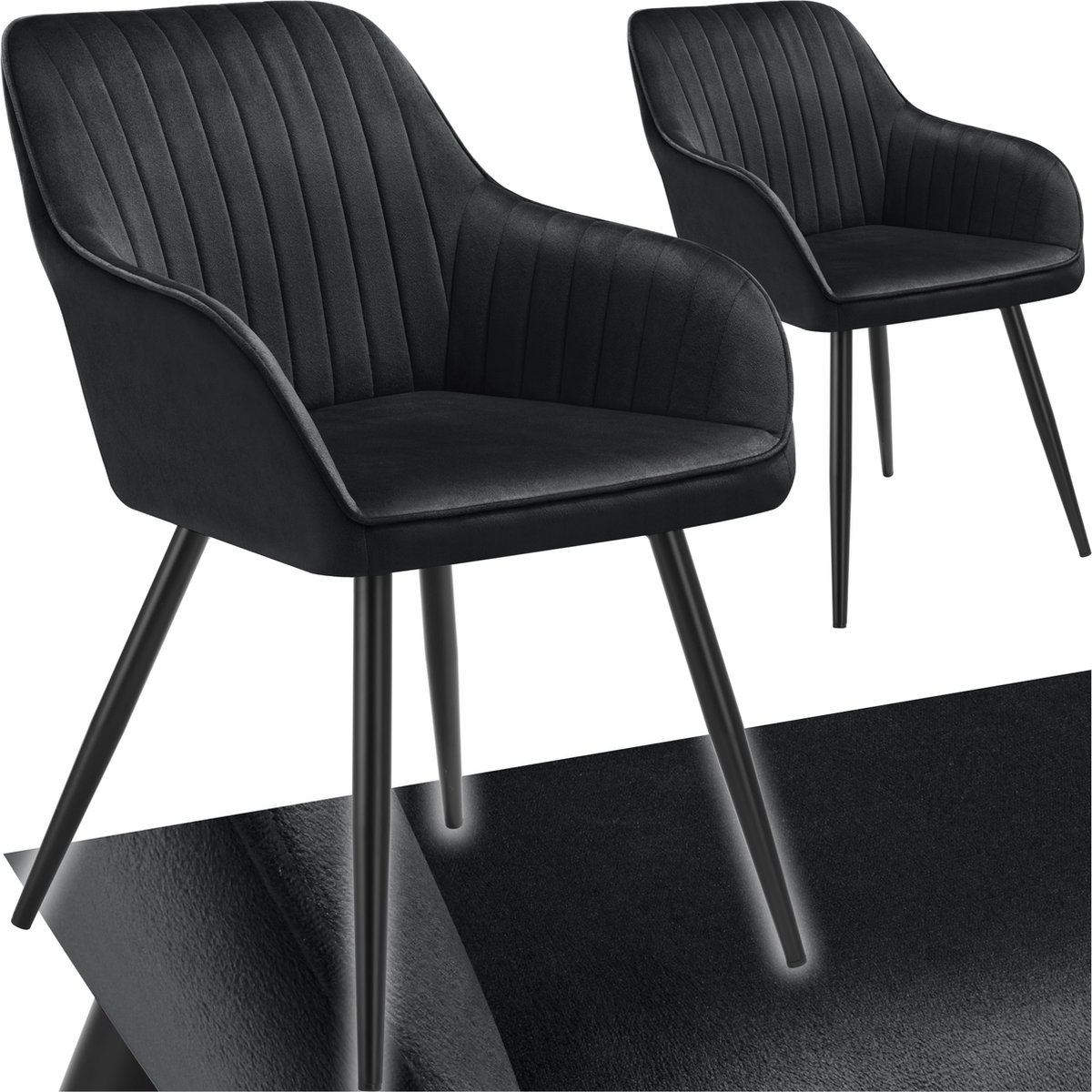Tectake Fluwelen stoel met gestikt patroon - Set van 2 - Eetkamerstoel in fluweelstof - Moderne fauteuil - Woonkamer, eetkamer, lounge of kaptafelstoel - Div. kleuren - Zwart/zwart