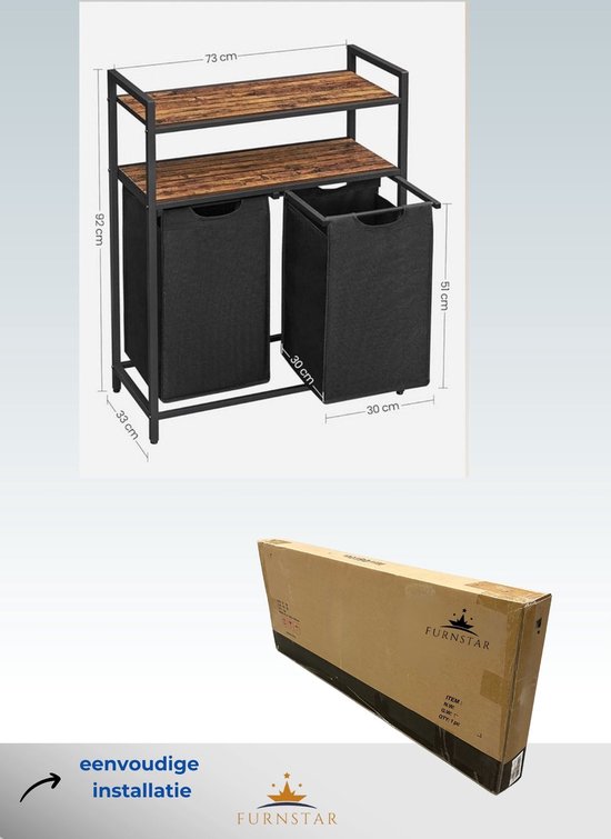 Panier à linge Furnstar avec 2 étagères - 46 L - 73×33×92cm - Marron