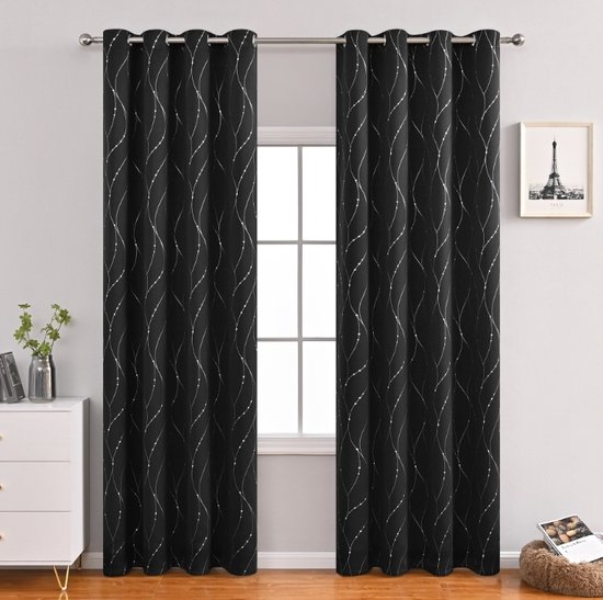 Gordijnen - Gordijnen Zwart - golvende printontwerp - Verduisterende gordijn met ringen - 1 stuk getextureerde verduisteringsgordijnen voor slaapkamer - 100x200 cm