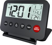 Compacte Digitale Reiswekker op Batterijen van MMOBIEL – Draagbare Alarm Klok voor Reizen – Digitale Klok, Wekker, Timer, Sluimer, Datum, Temperatuur en Verlichting (Zonder Batterijen) - Zwart