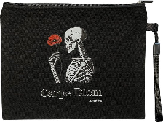 Foto: Etui carpe diem zwart etui met unieke print skelet met roos design pennenzak grote opslag cosmetica tas toilet tas