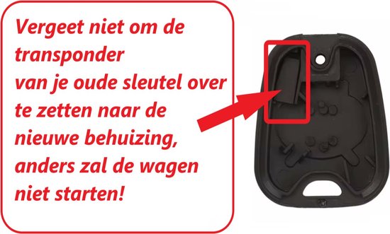 Binnenzijde van autosleutel behuizing met tekst en pijl.