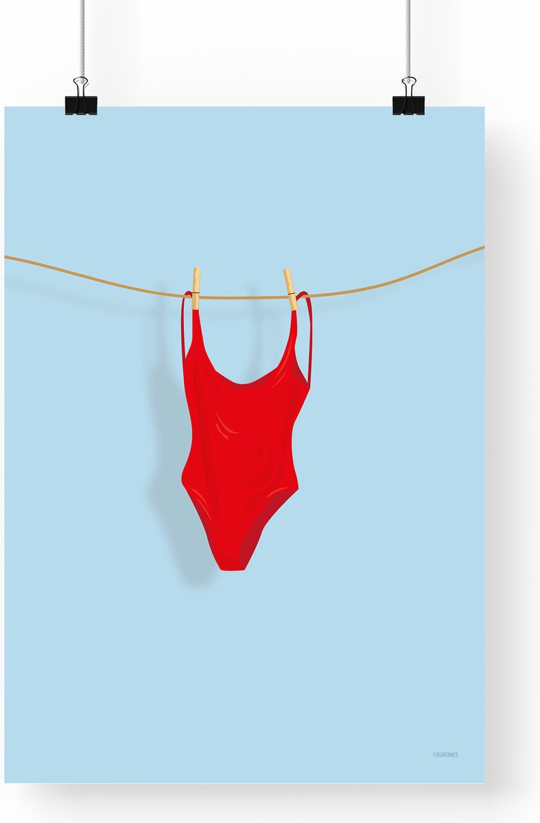 Artprint Badpak - Zwemmer illustratie in A3 formaat - Poster met zwemkleding aan een waslijn