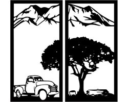 Djemzy - raamdecoratie woonkamer/slaapkamer - raamscherm - raamluik - ornament vensterbank decoratie - hout - zwart - auto - Raampaneel bergen met truck in frame - 2-delig - raamdecoratie op voet - ornament op voet voor binnen - MDF 6 mm