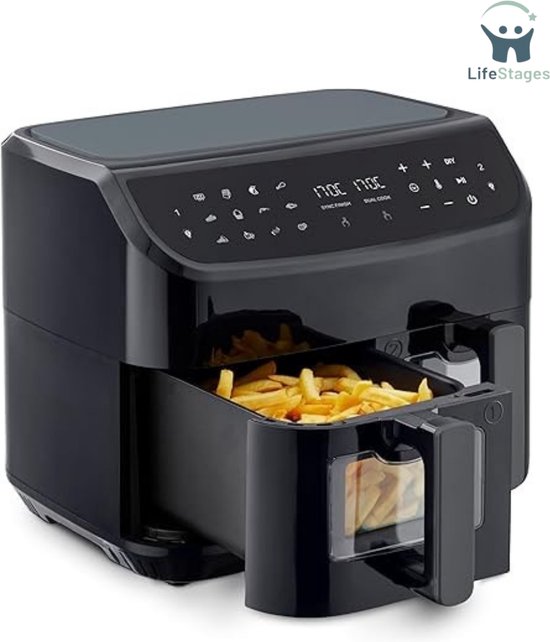 COBNN Verticale dubbele kamer heteluchtfriteuse, 11L Dual Zone Airfryer met inklapbaar kleurendisplay, 10 programma's, kijkvenster, V0-vlamvertragend materiaal, 2800W