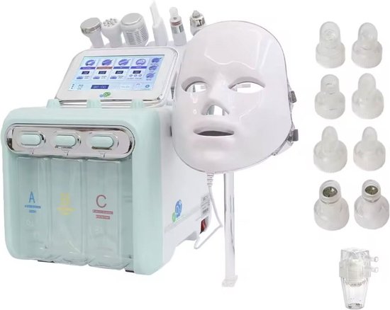 DAKANNA 7-in-1 beautyapparaat met touchscreen, meerdere opzetstukken en LED-masker in wit met groene accenten