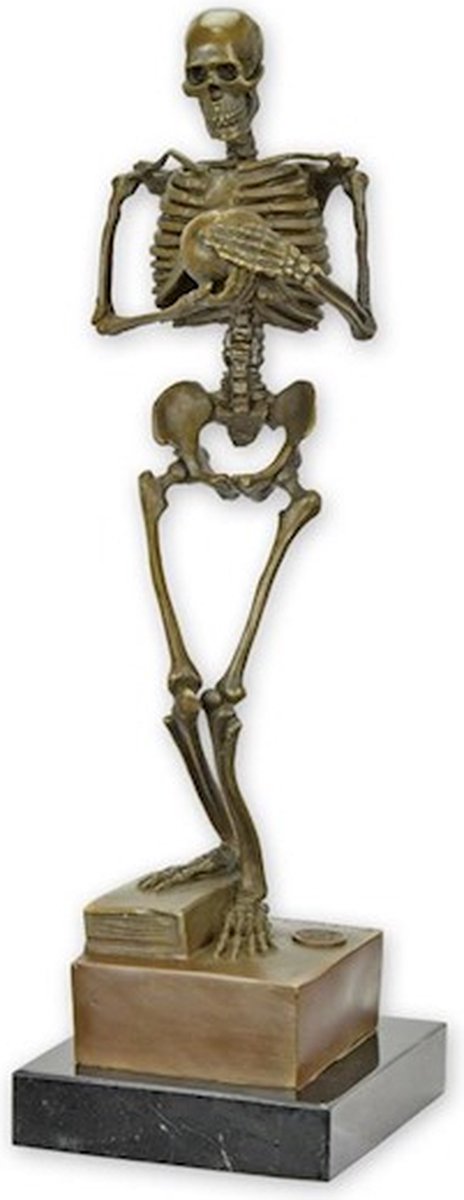 Skelet Bronzen Beeld - Bronzen Sculptuur - Brons Beeldje - Skelet met Schedel - Kunst Decoratie - Brons op Marmer - 7x7x28