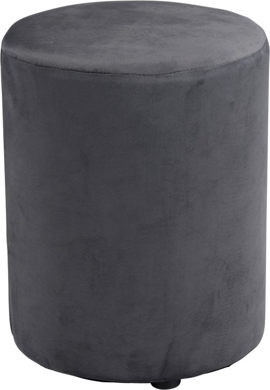 Pouf rond et velours gris foncé, sur fond blanc.