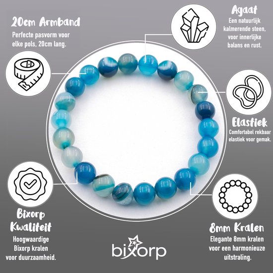 Bixorp armband met 8mm malachietblauwe agaatkralen, 20cm lang en elastisch.