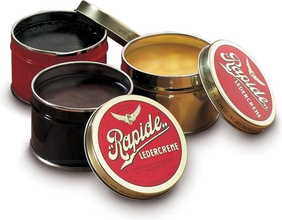 Vier blikken Rapide ledercrème in rood, zwart en goudkleur. Twee blikken zijn geopend en tonen de crème.