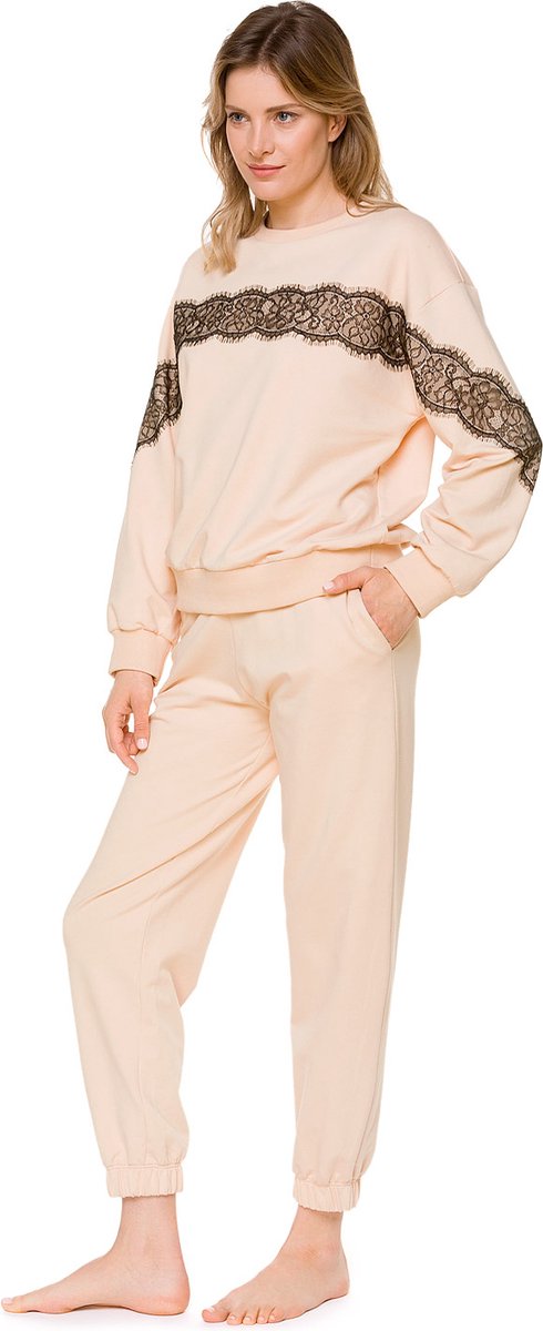 Dames Huispak-Katoen met Zwart Kant-Sweatshirt & Joggingbroek-Beige-Maat S