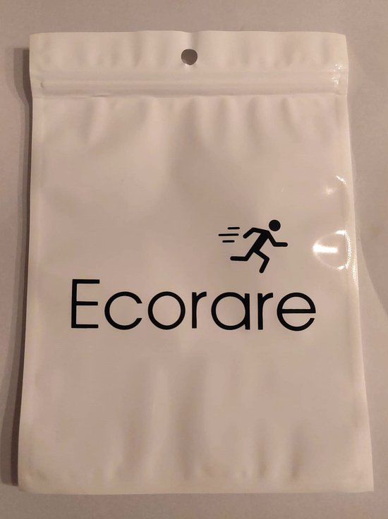 Witte plastic verpakking met de tekst "Ecorare" en een logo van een rennend figuur.