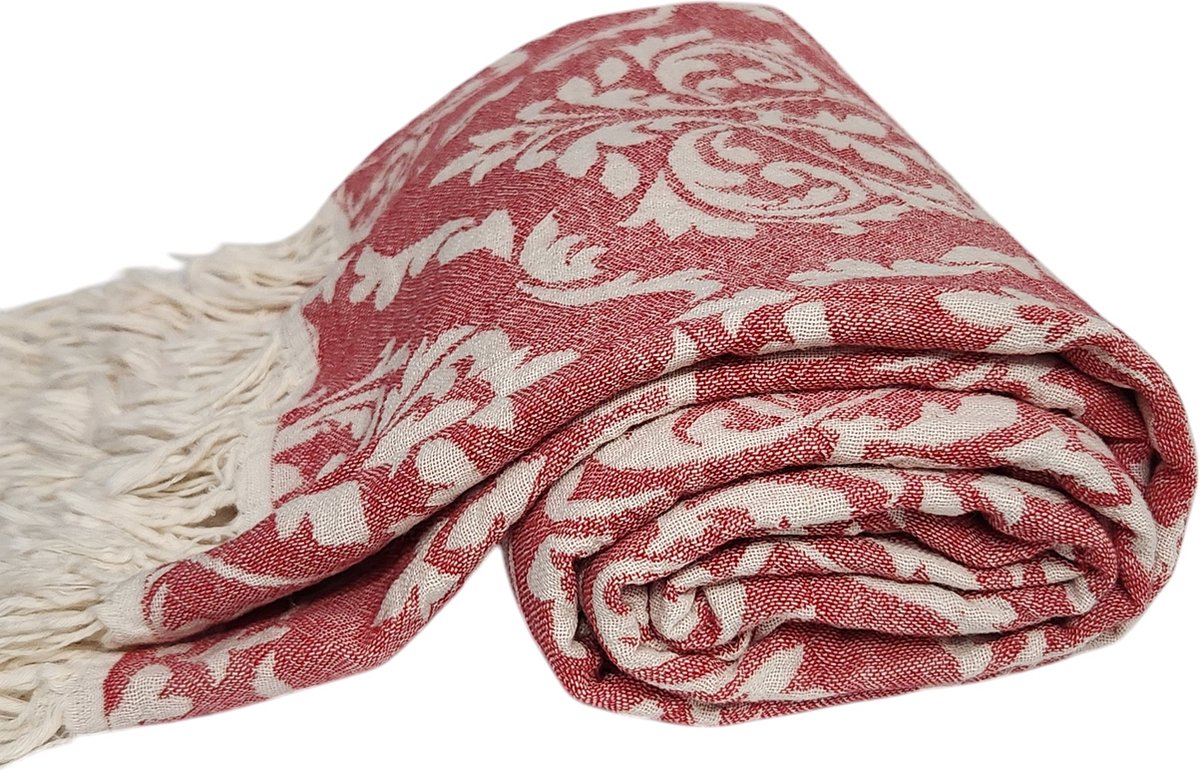 Kwube Hamamdoek - Damask - Sauna Handdoek - 100% Katoen Dubbelzijdig - Rood - 320 gr - 95x175 cm - Saunalaken - Lichtgewicht Strandlaken - Douchelaken - Badhanddoek - Saunadoek - Omslagdoek - Lendendoek - Sjaal - Woonaccessoire - Huwelijkscadeau