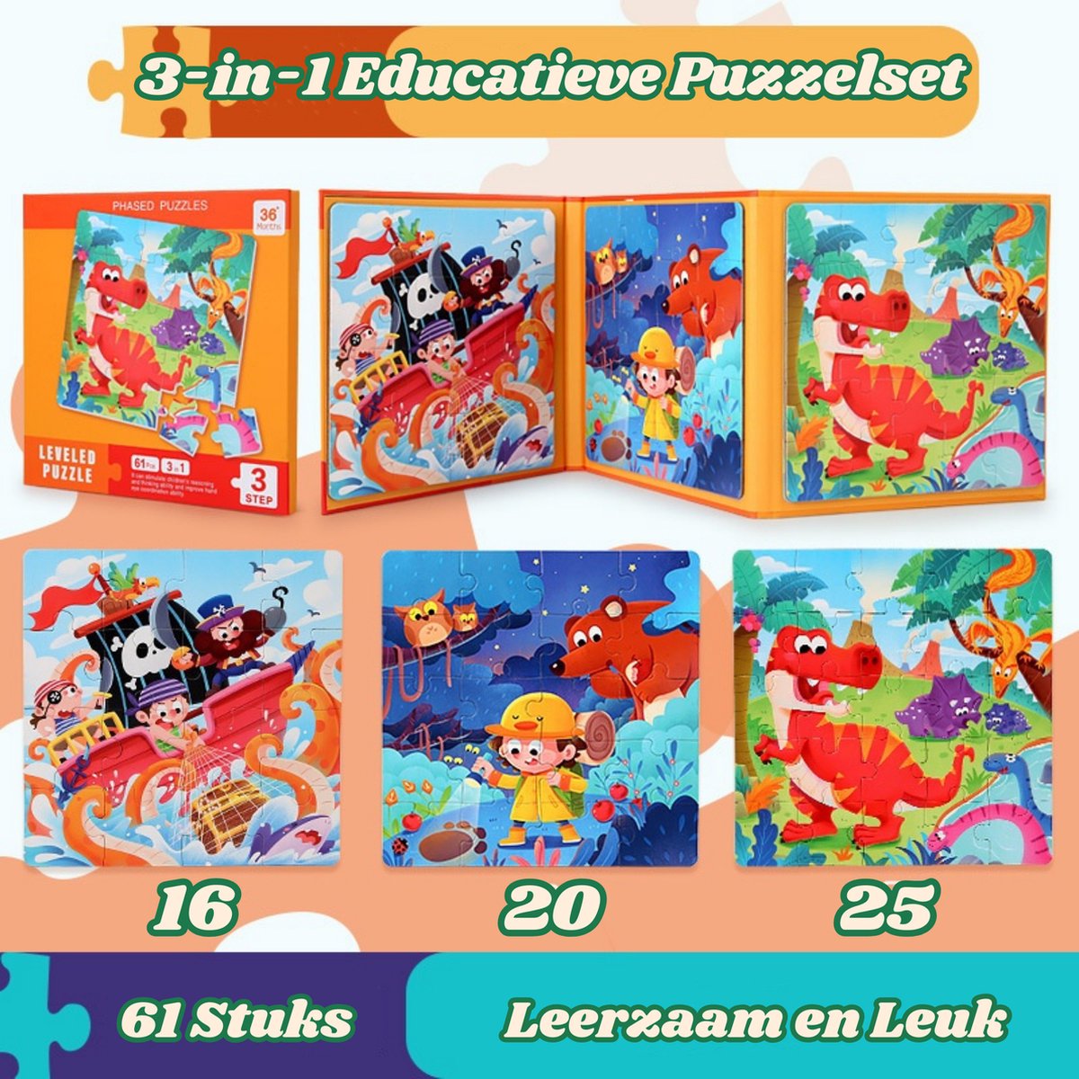 Leerkracht 3-in-1 Magnetische Puzzel - Educatief Speelgoed - 16/20/25 Stukjes - Thema Piratenschip, Avonturier in het Bos en Dino’s - Speelgoed - Puzzel