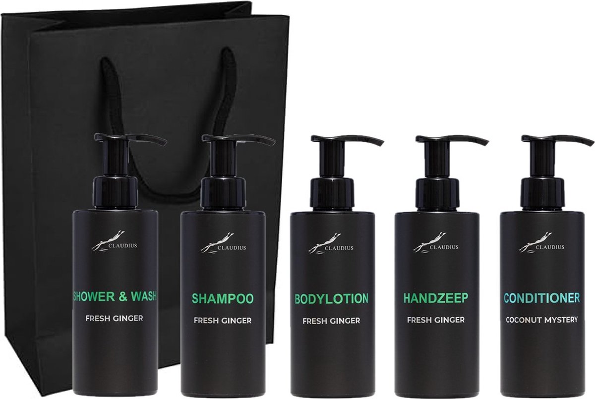 Goedkoopste Compleet pakket Fresh Ginger - Shower & Wash Shampoo Bodylotion Handzeep Coconut conditioner - 300 ml per fles - complete set van 5 stuks - met luxe gift tas - kerst cadeau - giftset voor hem en haar