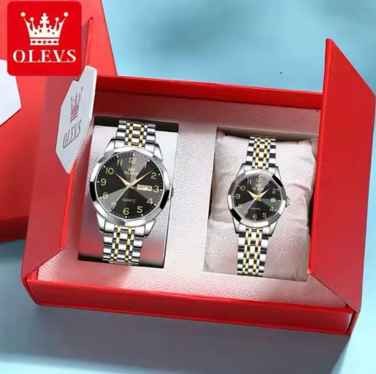 Olevs - Heren en dames Horlogeset - Polshorloge - Heren- dames - Cadeau - Horloge - Geschenkdoos - Mannen - gold black - (FREE) horloge gereedschap -
