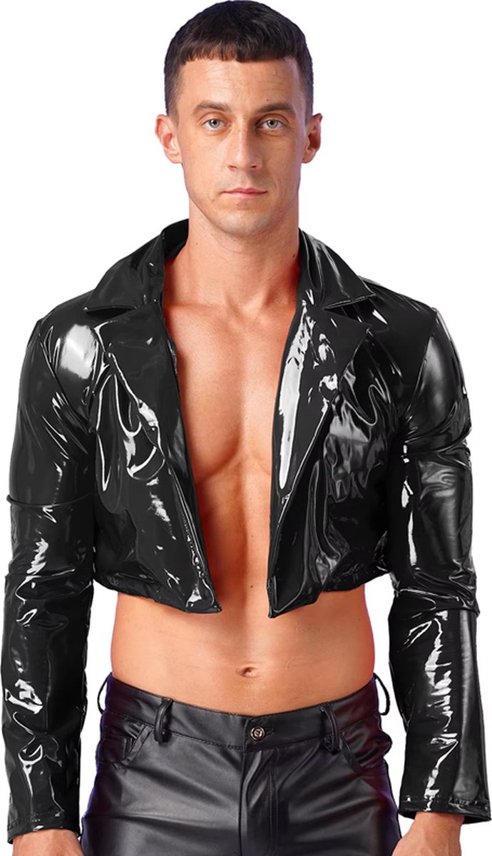 Goedkoopste Stoere latex lakleer mini jack - Erotische BDSM kleding mannen - PU leder - Jas - Rollenspel - Clubkleding