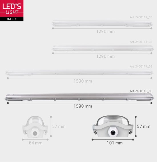 Proventa LED TL 4 luminaires doubles à 8 tubes 150 cm - Lumière blanche froide 6500 K - Étanche - 4 pièces