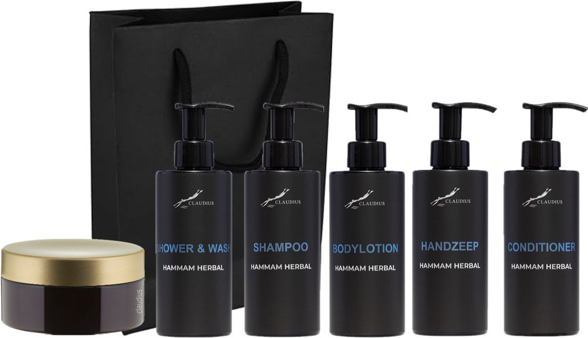 Goedkoopste Compleet pakket Hammam Herbal - Shower & Wash Shampoo Bodylotion Handzeep Conditioner Scrubzout 300 gram - 300 ml per fles - complete set van 6 stuks - met luxe gift tas - kerst cadeau - giftset voor hem en haar