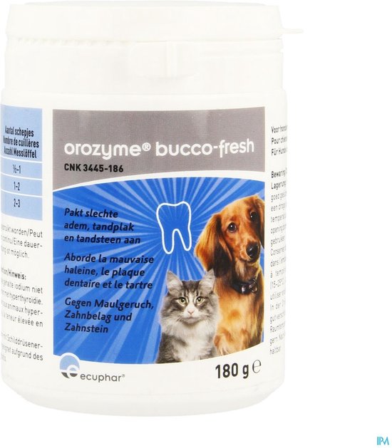 Pot met 'orozyme bucco-fresh' en een hond en kat op de voorkant. 180g.