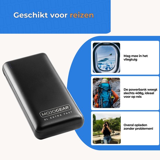 MOJOGEAR Powerbank 20000 mAh Extra Fast - Geschikt voor o.a. telefoon en tablet - 3 apparaten tegelijk opladen - USB A en USB C - LED-indicatie - 18 Watt - Zwart