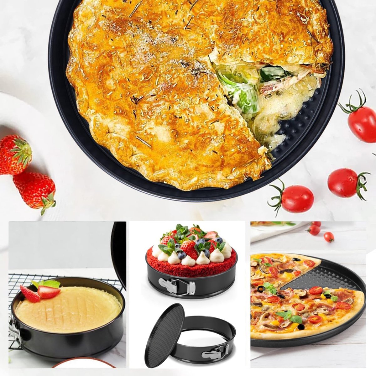 3-Delig Ronde Springvorm Set - Bakblik Rond - Taartvorm - Bakvorm Met Anti Aanbaklaag - 20, 22 En 24cm - Afneembaar Onderstel - Bak Gelijkmatig - Bakset - Cakevorm - Vaatwasmachinebestendig - Metaal - Zwart – foto 7