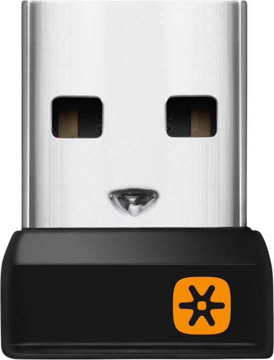 Zilveren USB-dongle met zwarte behuizing en oranje logo.