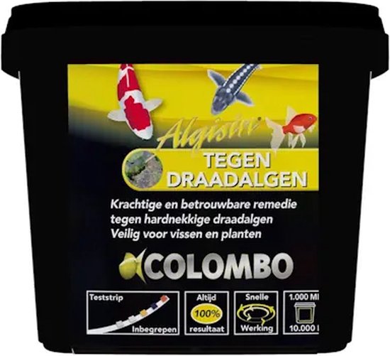 Zwarte emmer met Algisin Tegen Draadalgen label. Afbeeldingen van vissen en draadalgen. Inhoud 1.000 ml.