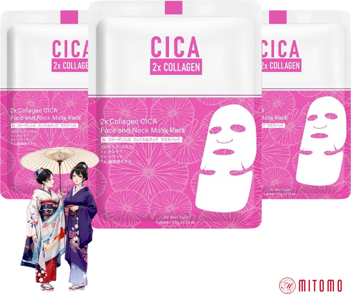 Goedkoopste Mitomo - Cica Collageen Gezichtsmasker - Collageen Masker - Voor Gezicht en Hals - Collagen Anti Aging Sheet Mask - 3 x 35g