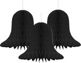 Kerstklok lampion - 3x - zwart - 20 cm - papier - kerstversiering - kerstbel decoratie - brandvertragend